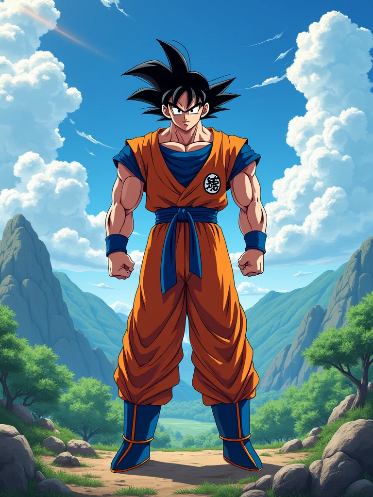 Goku, anime style character, Studio Ghibli inspired landscape, rolling hills, lush forests, blue skies, fluffy clouds, detailed facial features, piercing eyes, defined jawline, spiky hair, muscular build, heroic pose, sun flare, vibrant colors, digital painting, cinematic lighting, intricate details, dramatic composition, photorealistic, masterpiece