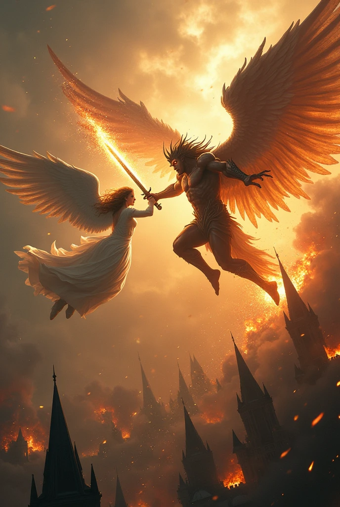 Create an angel and a demon fighting a war over a smoky city.