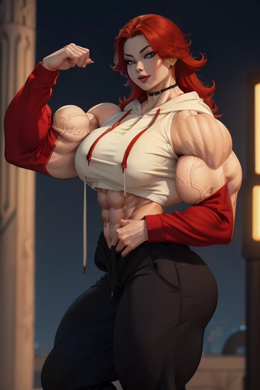 (((Close-up))), tall, (red hair) beautiful muscular asian woman, long hair, pale white skinned, large breast, closed smile, (black lipstick), (massive muscles), (hyper muscle), ((ginormous bulky muscles)), yellow eyes, ((((red long sleeve hoodie)))), (((jogging pants))), choker, sneakers, (in a night town),