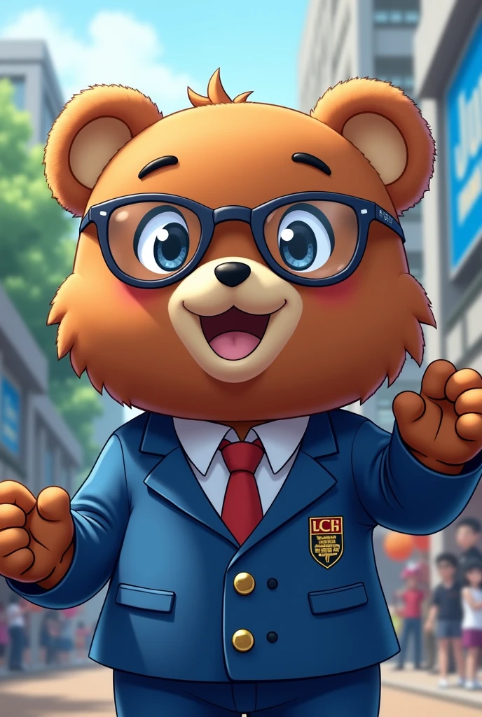 Generates an image of a person dressed as a Junin spectacled bear as the mascot of the JUNIN high-performance school With the blue blazer representative of the JUNIN COAR Realistic as if a person were wearing the biggest and cutest head costume