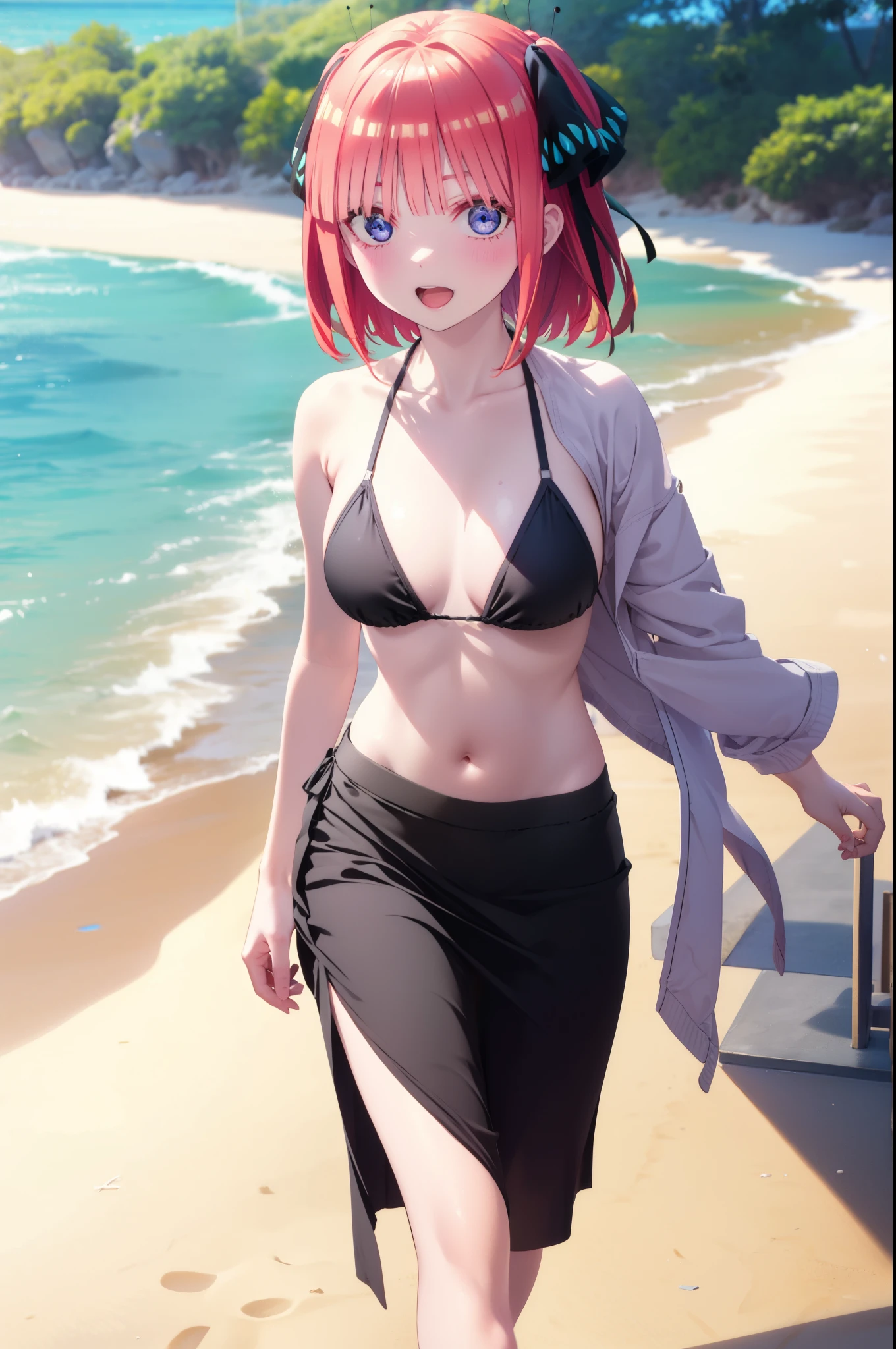 Nakano Nino, Short Hair, bangs, blue eyes, hair ornaments, Hair Ribbon, Pink Hair, blunt bangs, Both sides up, butterfly hair ornaments,smile,Open your mouth,Black string bikini swimsuit,Pareo Swimsuit,Belly button,abdomen,barefoot,A thin long skirt is wrapped around her waist,Strolling on the sandy beach,Walking,True Summer,Daytime,Clear skies,whole bodyがイラストに入るように、
break outdoors, Beach,
break looking at viewer,whole body,
break (masterpiece:1.2), Highest quality, High resolution, unity 8k wallpaper, (figure:0.8), (Beautiful attention to detail:1.6), Highly detailed face, Perfect lighting, Highly detailed CG, (Perfect hands, Perfect Anatomy),
