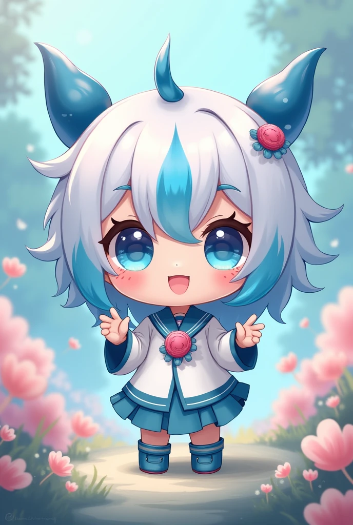 Um personagem chibi, with white and blue hair, with two small horns on its head