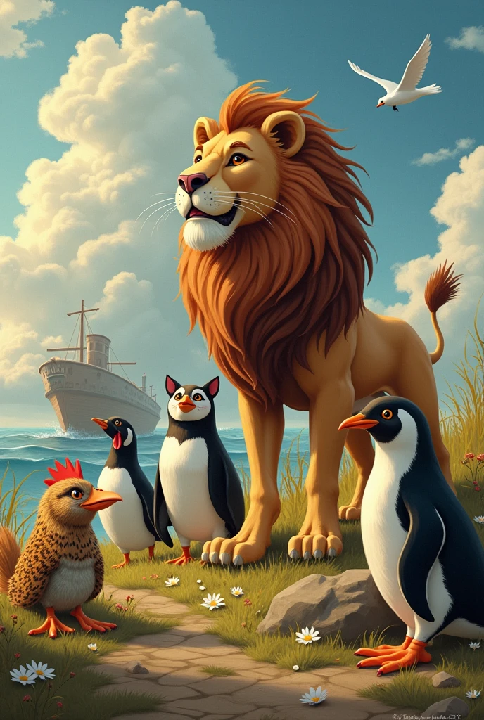 Create a drawing with a lion, penguin, catboy, galinha, duck with Noah's ark in the background
