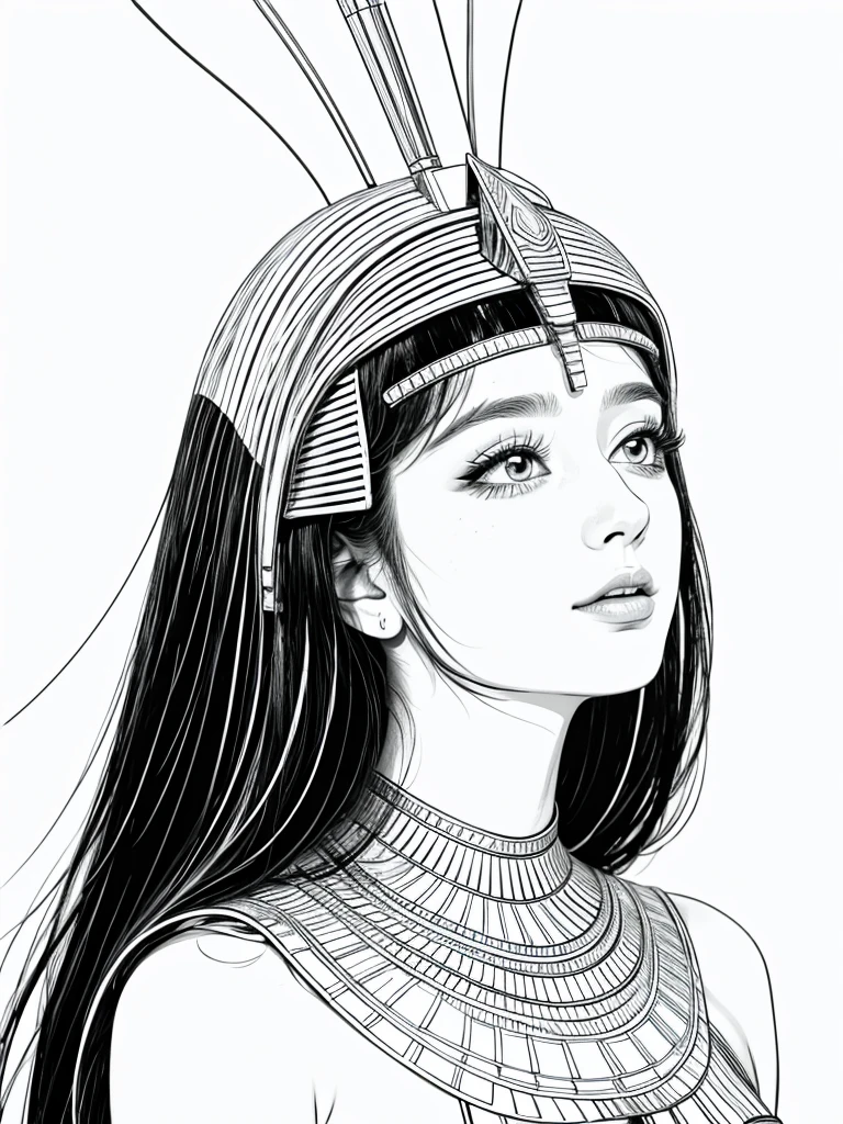 Egyptian queen, LineArt, thin-lines, white background, side face, shorth hair