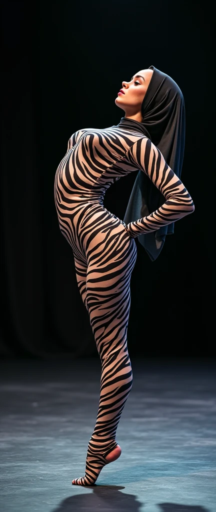 The beautiful muslimah contortion adult girl contortionist with beautiful cheeks wears zebra print full lycra dancewear turtleneck unitard catsuit with zebra print socks and zebra print lycra elastane dancewear hijab.