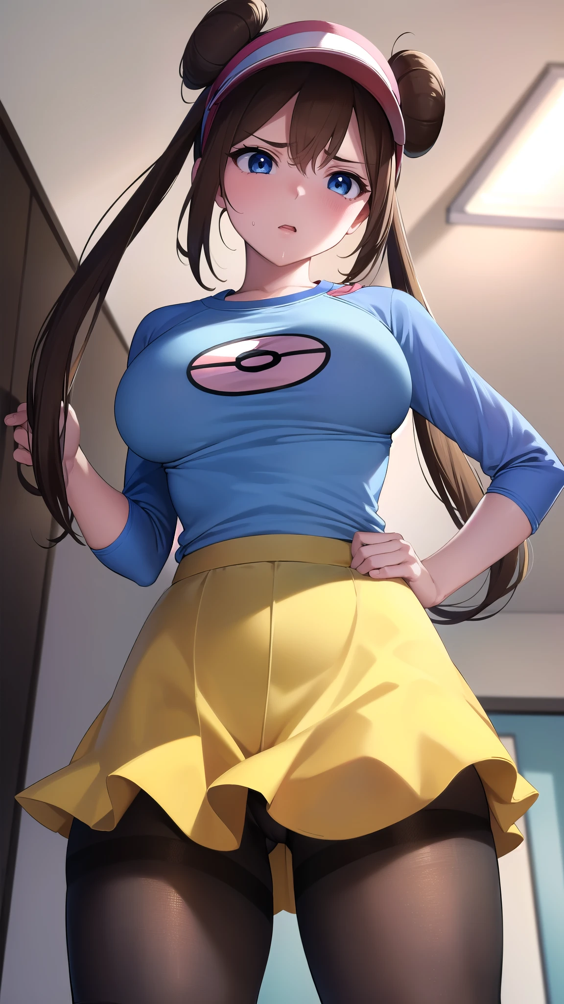 Rosa, Rosa, Brown Hair, Double Bang, doughnut Hair Bun, Hair Bun, blue eyes, Hair between the eyes, Twin tails, Large Breasts, Open your mouth,
break pantyhose, (Pantyhose under shorts), Raglan sleeves, skirt, (yellow skirt), White shirt, Blue Sleeve, Long sleeve, Visor Cap,
break looking at viewer, Upper Body, whole body,
break outdoors,
break (masterpiece:1.2), Highest quality, High resolution, unity 8k wallpaper, (figure:0.8), (Beautiful attention to detail:1.6), Highly detailed face, Perfect lighting, Highly detailed CG, (Perfect hands, Perfect Anatomy),((((Disgusted)))),pussy line,(from below),