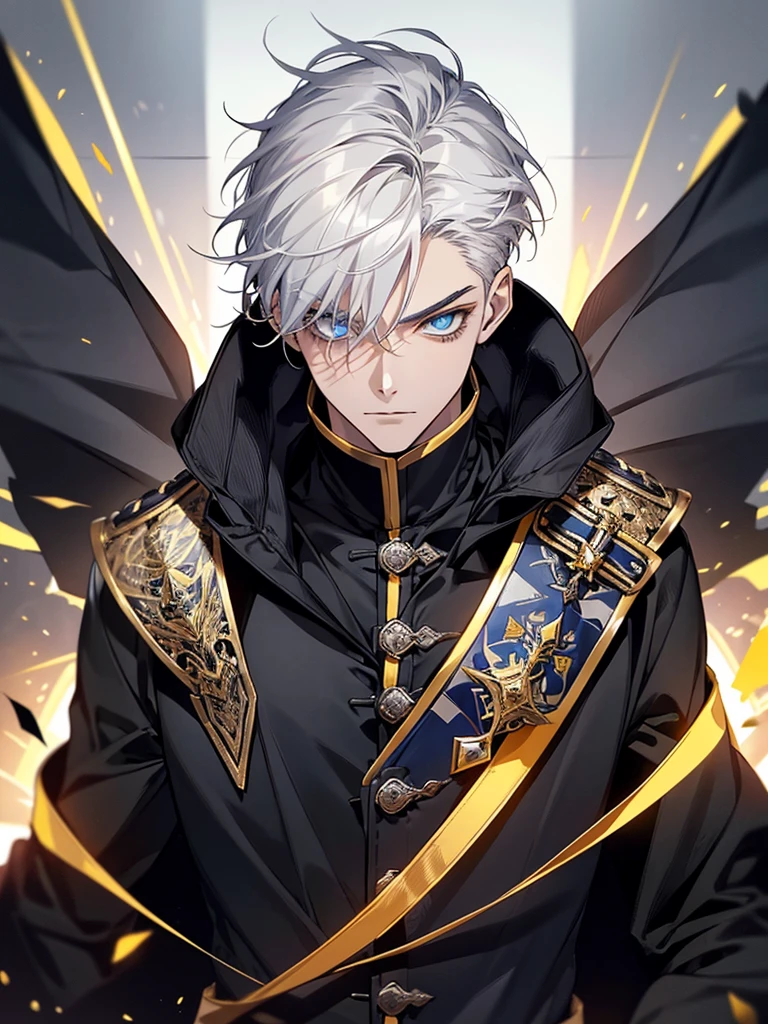 Masterpiece, High quality, Portrait, anime style, man,17 year old boy, หน้าตาhandsome, glowing eyes, ผู้manอนิเมะตัวสูงที่มีตาสีฟ้า, short white hair, ((blue eyes)),Quiff Hairstyles, ((Short white hair)), [Thick eyebrows], ((black long coat,Yellow)), ((all black)), (blue eyes) , handsome , Facial expressions, black knight armor , black fur shawl(Masterpiece,best quality,special, (Broad shoulders)) (muscle), black light, เปลวไฟสีYellow,lean back,Lie down
