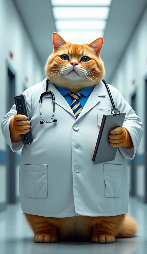 Make a picture of a fat, obese orange cat with blue eyes, flat nose, facing the camera, wearing a doctor's shirt and tie, carrying medical equipment with a hospital background, wide, full body, 8k super realistic