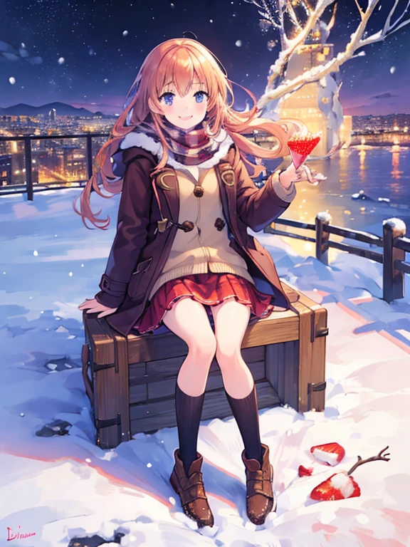 (best Quality), (masterpiece), (super high resolution), full body, age girl, big smile, strawberry blonde, long, mini skirt, knee high socks, duffle coat, winter scarf, city, winter, ((snowing)), (decorated illuminations), ((night view))