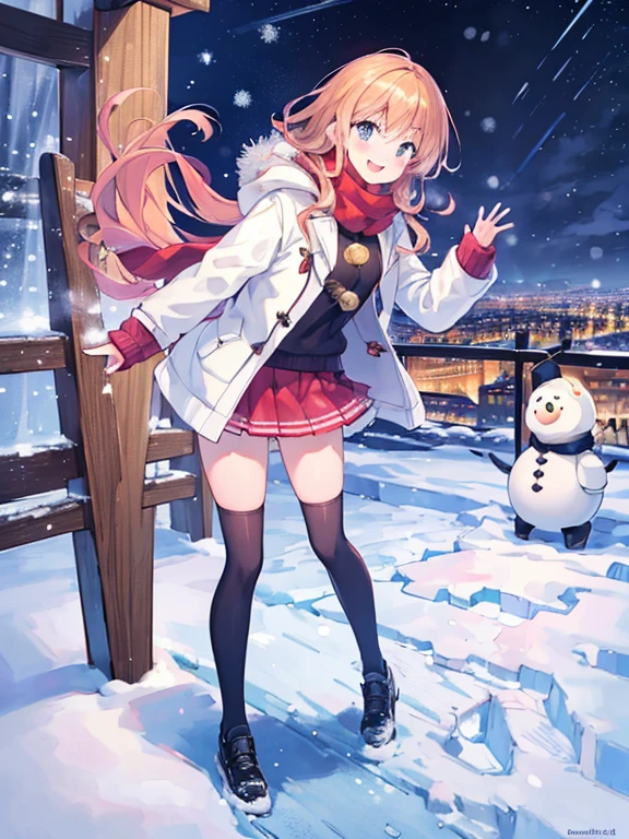 (best Quality), (masterpiece), (super high resolution), full body, age girl, big smile, strawberry blonde, long, mini skirt, knee high socks, duffle coat, winter scarf, city, winter, ((snowing)), (decorated illuminations), ((night view))