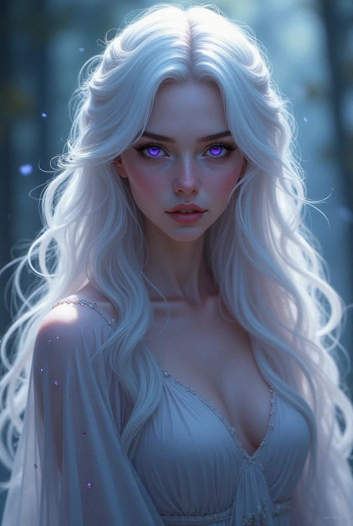 Crie a soraka do league of legends, no horn on the forehead, albino skin, long, braided hair, blue colored eyes