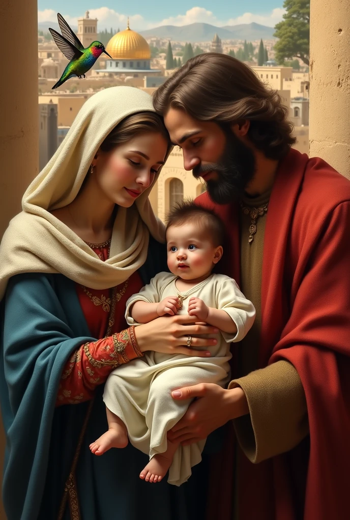 ((best quality)), ((masterpiece)), (detailed), selfie of the holy family, in ancient jerusalem with a hummingbird
