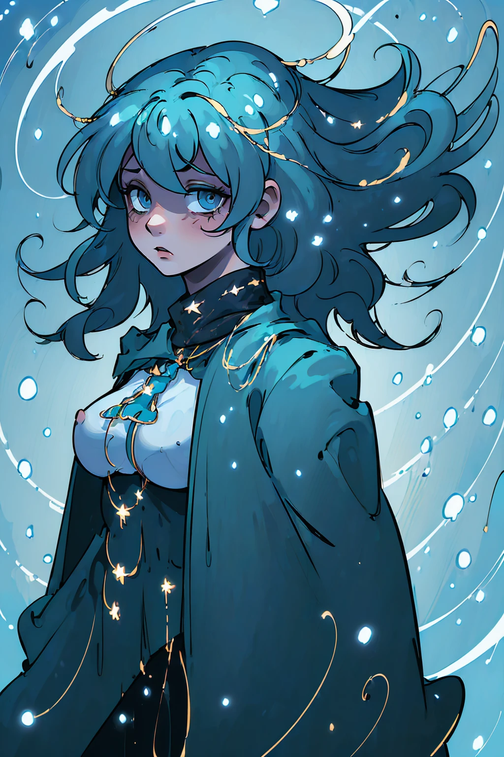 ((8k: 1.27), (maximum quality, art, super high resolution: 1.2), (4K illustration quality), Perfect Female Body, Slim body, long and curly hair, blond hair, ((naked underneath wearing a celestial blue cape)), No panties, No bra, showing legs proiminent nipples, small breasts, ((dark forest)), ((night))