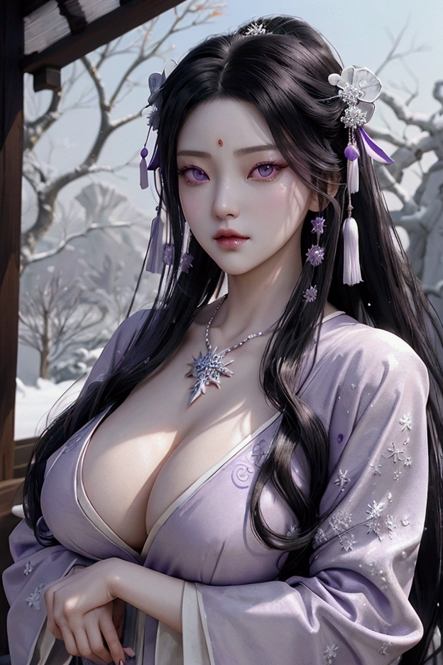 evil anime human woman. half-up long black hair. fair skin. purple eyes. gigantic boobs. Modest Wuxia clothes. snowflake necklace. mauve smirking lips. Realism style. 3D anime model style. CGI animation. Wuxia style. Frosted Garden background.