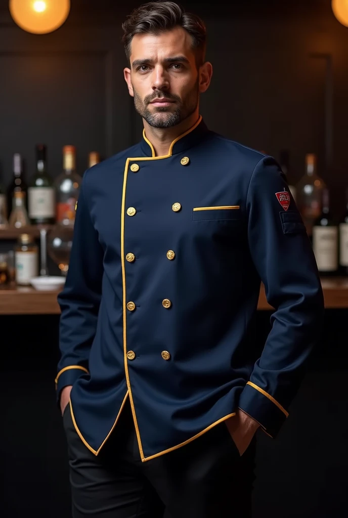 Navy blue and gold chef jacket for bartender 
