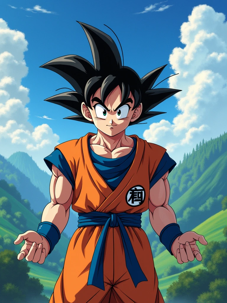 a muscular anime-style character, Goku, in a Studio Ghibli inspired landscape, rolling hills, lush forests, blue skies, fluffy clouds, extremely detailed facial features, piercing eyes, defined jawline, spiky hair, heroic pose, sun flare, vibrant colors, digital painting, cinematic lighting, intricate details, dramatic composition, photorealistic, masterpiece
