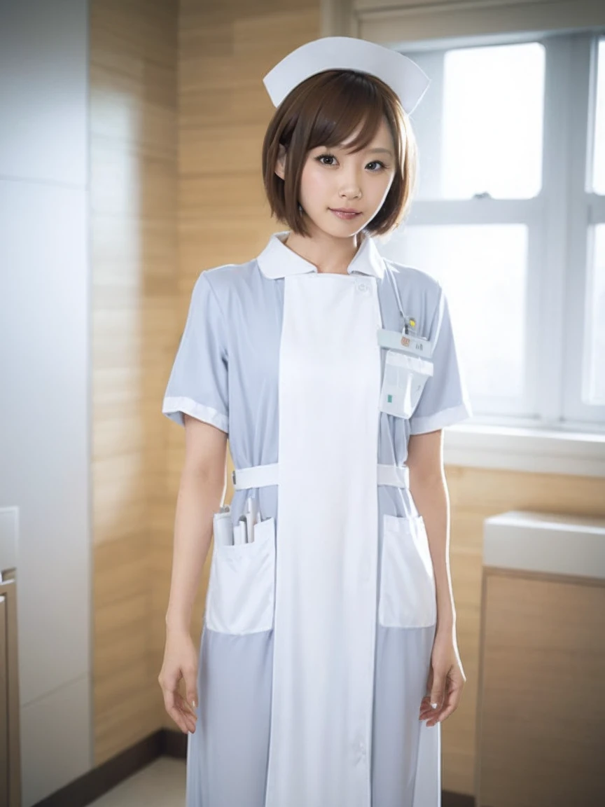 woman, alone, (Wearing white nurse clothes:1.2), Shortcuts, Bobcut, nurse, Perfect Anatomy, nurse uniform, (Nurse cap), (White costume), Long skirt, hospital, Upper Body,