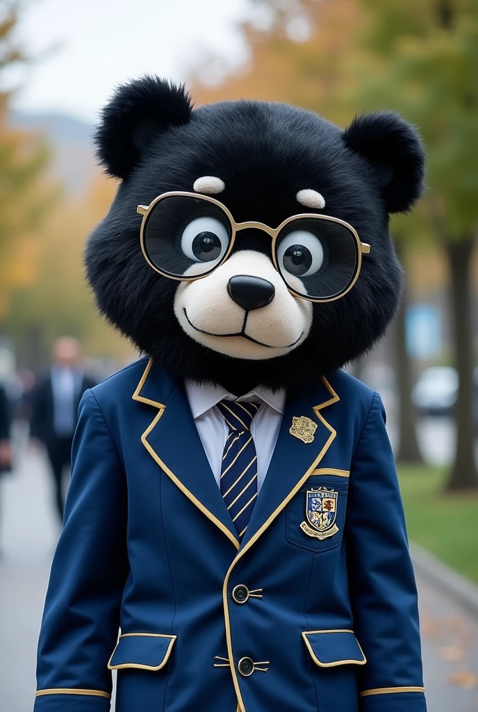 Generates an image of a person dressed as a Junin spectacled bear as the mascot of the JUNIN high-performance school With the blue blazer representative of the COAR JUNIN Realistic as if a person were wearing the biggest and cutest black and white head costume