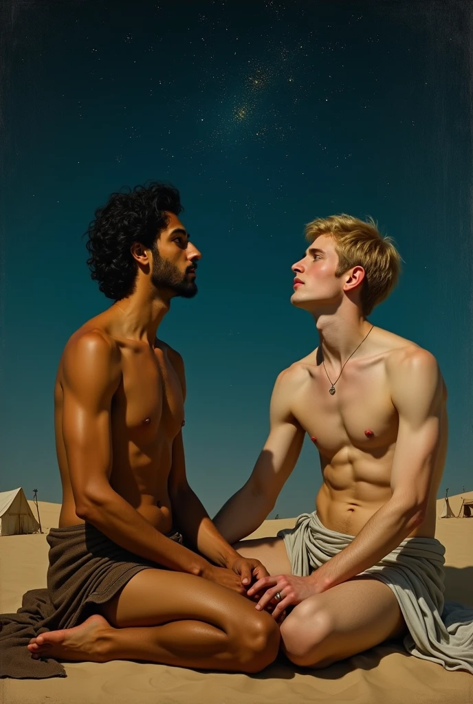 baroque painting+muslim_art fullbody portrait, an arabian prince, cinnamon skin green eyes, wavy black hair, thin face, slender toned body, body hair, beautiful face, next to a young viking, blond, blue eyes, muscular beautiful face, strong, masculine perfect proportions, white skin innocent look, both naked shirtless pantless barefoot sitting men watching to the the stars in the mesopotamian desert in the night dynamic movement composition in the background viking dunes, tents, stars,, south cruce so romantic