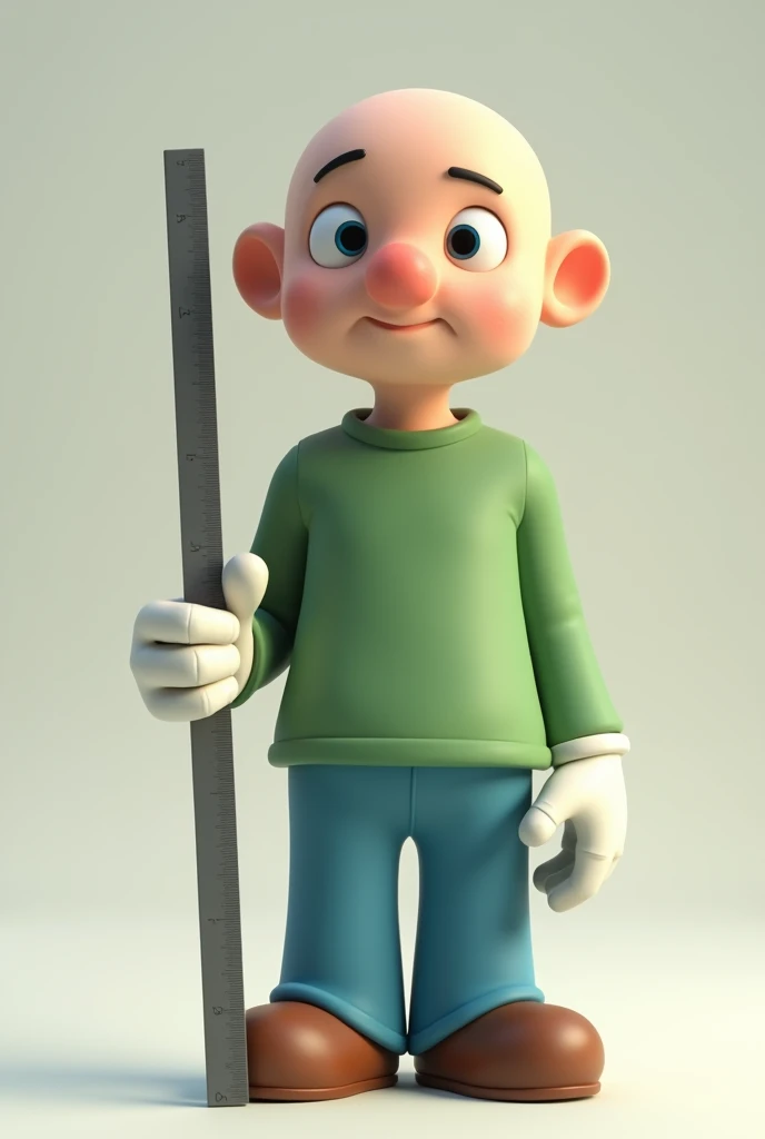A bald and thin man. He wears a green shirt that covers his entire arm, he wears minimalist blue pants and brown shoes, he holds a big ruler, he has a round and skeptical smiley face, (((he is in mario 64 model style, he has glitches on parts of his body)))