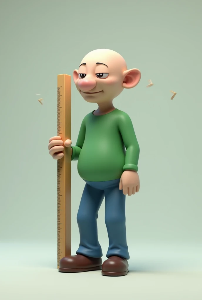 A bald and thin man. He wears a green shirt that covers his entire arm, he wears minimalist blue pants and brown shoes, he holds a big ruler, he has a round and skeptical smiley face, (((he is in mario 64 model style, he has glitches on parts of his body)))