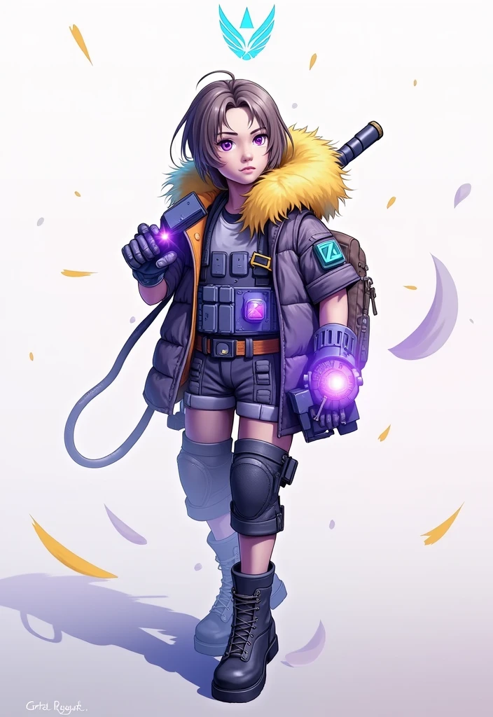 Blue Archive government: Wearing tactical equipment,beautiful teenage boy, Gray work shoes, shorts, brown hair, tactical vest (character design) , purple eyes ,짙은 brown hair카락,purple eyes,Brown jacket and gray short sleeves,하체용 회색 shorts,technology,flat chest,holding a gun,Beautiful 5 heads body,Look straight ahead, upright posture, No slanted posture