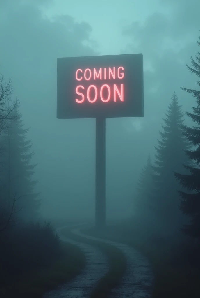 Generate an image of a large, intriguing 'coming soon' sign, enveloped in a sense of mystery. The sign stands tall against a backdrop of thick, creeping fog, emphasizing its looming presence. Periodic absence of light and shadow suggest that the environment is filled with suspense and secrecy. Despite the arcane atmosphere, the sign remains clear and welcoming, intriguing passersby with its promise of upcoming surprises.