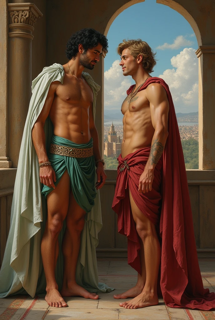 ((oil painting)) baroque painting+muslim_art fullbody portrait, an arabian prince, cinnamon skin green eyes, wavy black hair, thin face, perfect detailedd feet, slender toned body, body hair, beautiful face, penetrating missionary style to a young viking, blond, blue eyes, muscular beautiful face, strong, masculine perfect proportions, white skin innocent look, shirtless, pantless, both men looking each other smiling penetrading wearing shorts in a medieval arab deco room large windows to see the La Giralda in Sevilla model 5 0 0 px, Nikon d 8 5 0 camera, fullcolor, sticker of a full body picture of a beautyfull young man, highly detailed beautyfull face, freedom, soul, digital illustration, approaching perfection, dynamic, highly detailed, watercolor painting, artstation, concept art, smooth, sharp focus, illustration in the style of artists like Russ Mills, Sakimichan, Wlop, Loish, Artgerm, Darek Zabrocki, and Jean-Baptiste Monge (homoerotism_fullbody_nsfw) Body Position