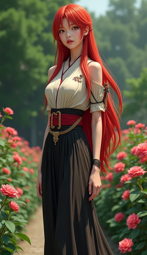 Create a live-action depiction of a gender-swapped Kurama from Yu Yu Hakusho, represented as a real human woman. She has a tall, slender build with a larger chest, wearing a red and white modern outfit that takes inspiration from traditional Japanese clothing, emphasizing her elegance and grace. Her long, red hair is styled realistically and flows naturally down her back. She should have a serene, composed expression. The background should be a realistic, lush garden filled with detailed roses and greenery, reflecting her calm and collected nature.