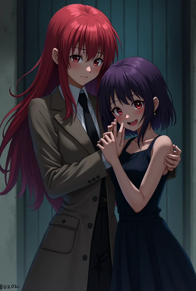 Female anime character with long red hair and red eyes dressed as a detective helping a scared purple haired girl in a black dress.