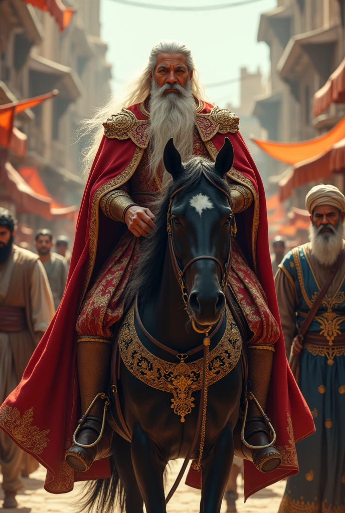 A white-bearded Persian king riding a horse, in front of the horse an older Persian official holding the horse, and in the background a Persian market.