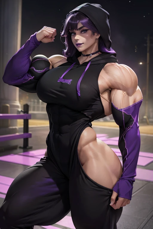 (((Close-up))), tall, (violet purple hair) beautiful muscular woman, long hair with long bangs, pale white skinned, large breast, closed smile, (black lipstick), (massive muscles), (hyper muscle), ((ginormous bulky muscles)), black eyes, ((((violet long sleeve hoodie)))), (((jogging pants))), choker, sneakers, (in a night town), 