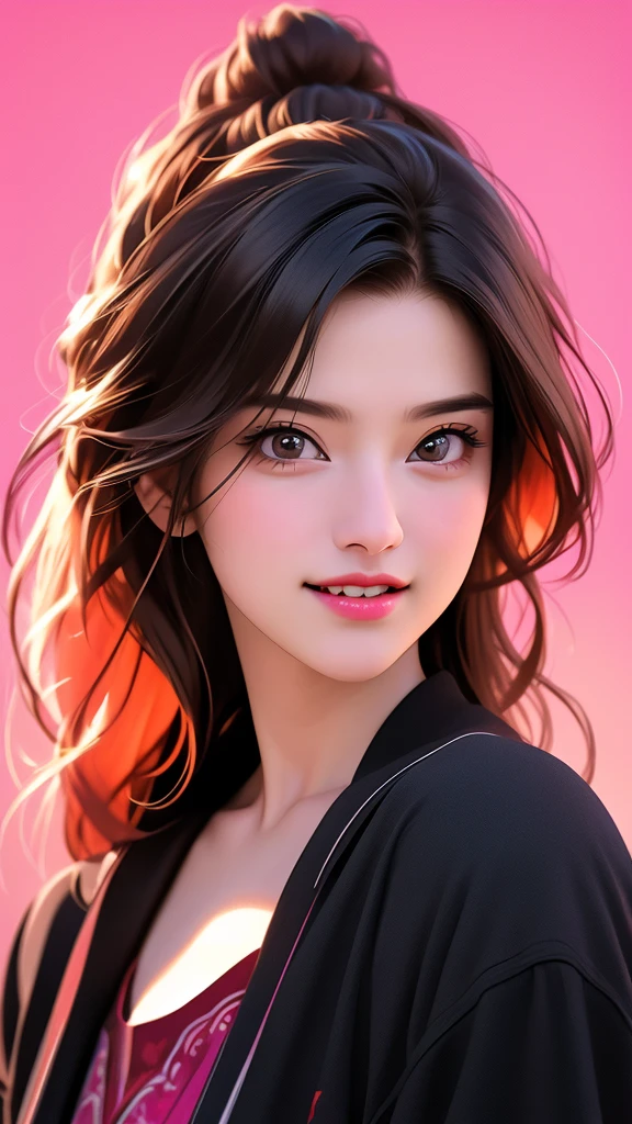 A beautiful young girl, 1girl, wearing a pink cowboy hat, long black flowing hair, open-mouthed smile revealing sharp teeth, vibrant red and pink gradient background, upper body focus, (best quality,4k,8k,highres,masterpiece:1.2),ultra-detailed,(realistic,photorealistic,photo-realistic:1.37),HDR,UHD,studio lighting,ultra-fine painting,sharp focus,physically-based rendering,extreme detail description,professional,vivid colors,bokeh,portrait