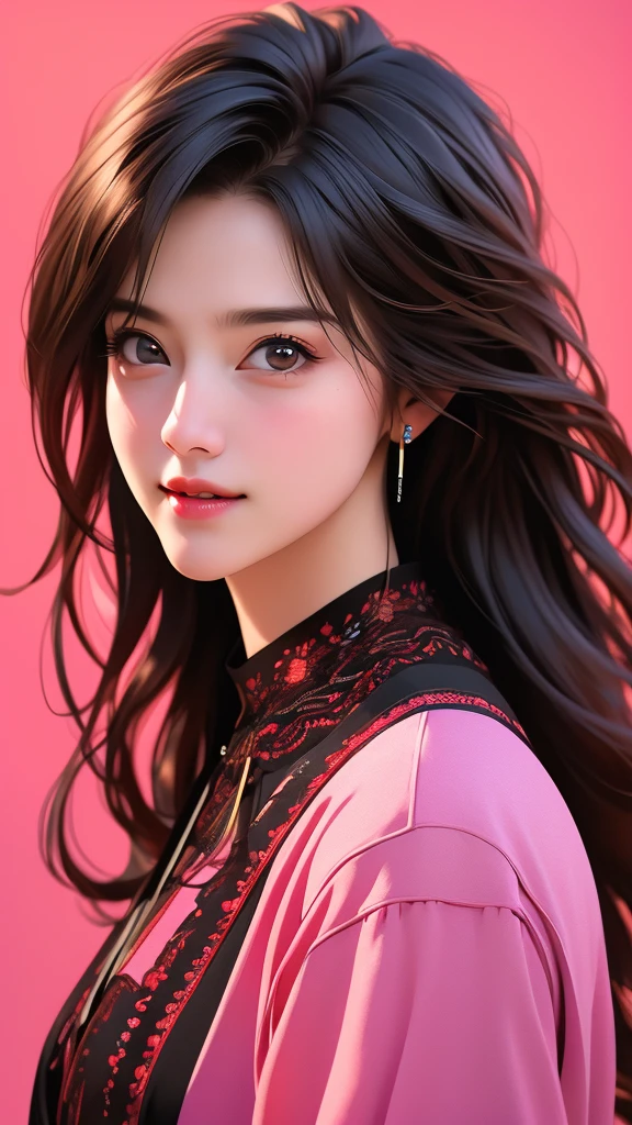 A beautiful young girl, 1girl, wearing a pink cowboy hat, long black flowing hair, open-mouthed smile revealing sharp teeth, vibrant red and pink gradient background, upper body focus, (best quality,4k,8k,highres,masterpiece:1.2),ultra-detailed,(realistic,photorealistic,photo-realistic:1.37),HDR,UHD,studio lighting,ultra-fine painting,sharp focus,physically-based rendering,extreme detail description,professional,vivid colors,bokeh,portrait