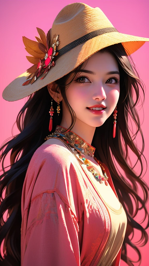 A beautiful young girl, 1girl, wearing a pink cowboy hat, long black flowing hair, open-mouthed smile revealing sharp teeth, vibrant red and pink gradient background, upper body focus, (best quality,4k,8k,highres,masterpiece:1.2),ultra-detailed,(realistic,photorealistic,photo-realistic:1.37),HDR,UHD,studio lighting,ultra-fine painting,sharp focus,physically-based rendering,extreme detail description,professional,vivid colors,bokeh,portrait