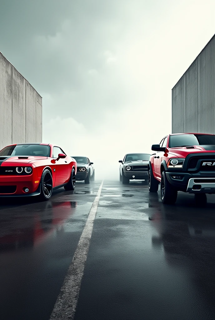 Create a frame with some cars coming out from each edge of the sheet with the dodge challenger cars, Ford raptor, ram trx on each side of the blade 
