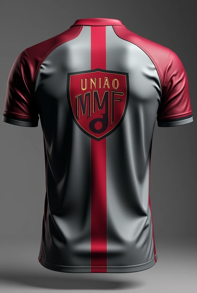 Create a River Plate team shirt in gray and wine with the name Uniao Mvf on the back and the shield written mvf 3D 
