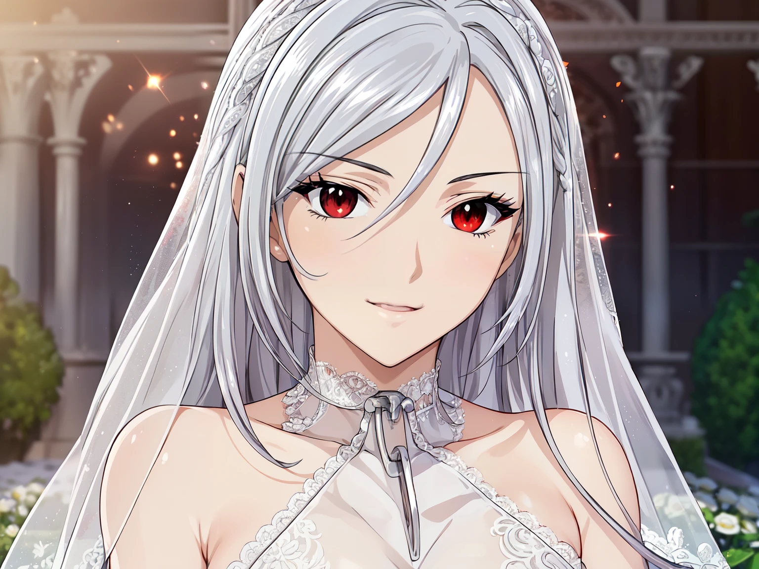 (masterpiece, best quality, beautiful and aesthetic:1.3), Elegant mature woman, 1woman, ((very mature woman)),(30 years old, thirties), solo, light smile, (bred hair streaked silver:1.4), (Gradient silver hair ends:1.6), hair strand, absurdly hair, single sidelock, wavy hair, shiny hair, floating hair, (deep red eyes), delicate eyes, aqua eyes, super high detailed eyes, long upper eyelashes, makeup, Focus on face, Very detailed facial, Pretty Face, Perfect breasts, hot body, (Delicate skin texture:1.2), bridal veil, (Red lace-trimmed dress), see-through, (Red wedding dress), outdoors, white roses, garden, morning, standing, extreme detailed, light smile,Depth of field