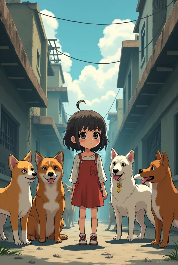 Girl surrounded by stray dogs anime style
