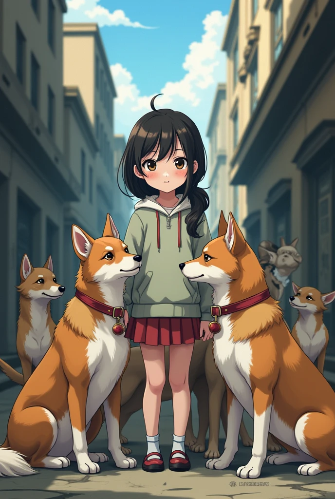 Girl surrounded by stray dogs anime style