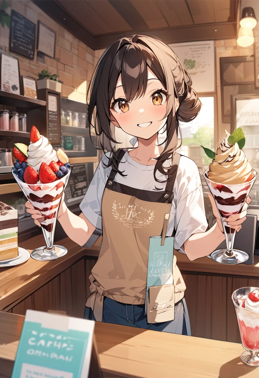 high resolution、anime、The background is a coffee shop、Beautiful shop assistant、Offering ice cream parfait to customers、smile、