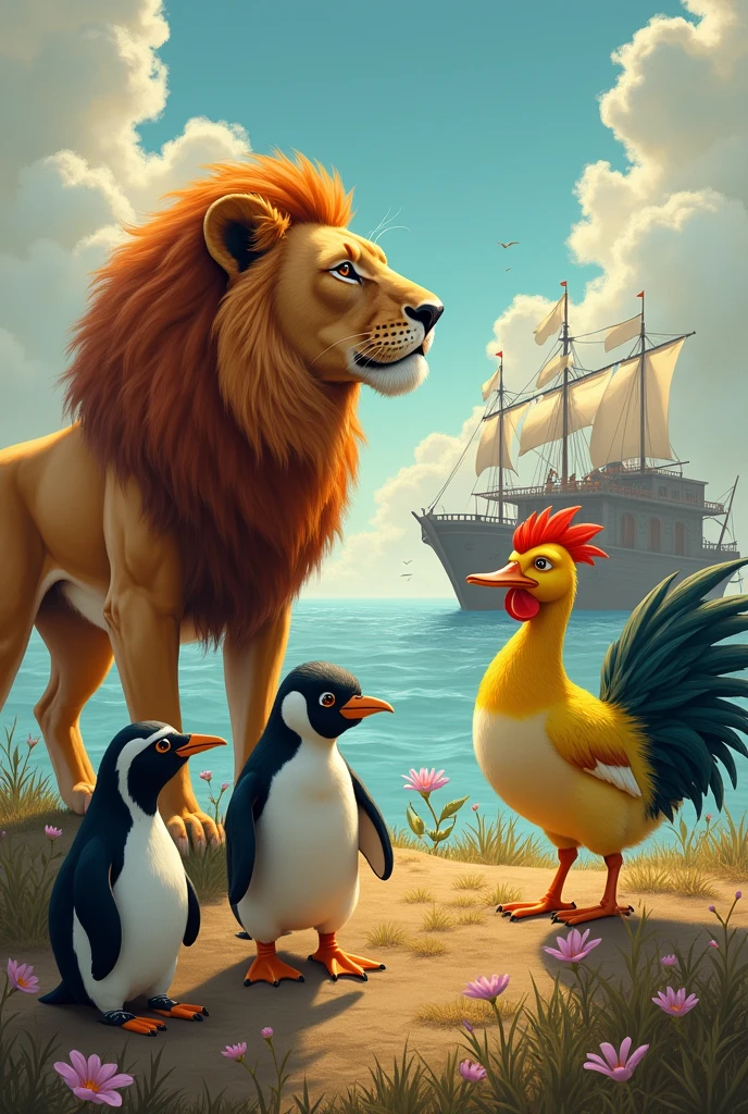 Create a drawing with a lion, penguin, catboy, galinha, duck with Noah's ark in the background