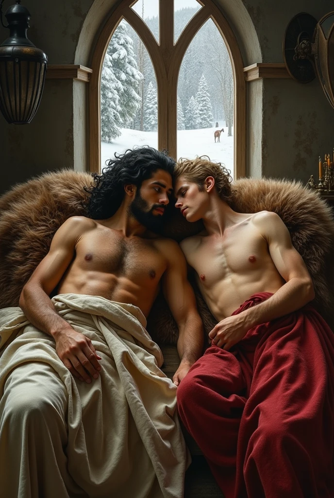 baroque painting+muslim_art fullbody portrait, an arabian prince, cinnamon skin green eyes, wavy black hair, thin face, slender toned body, body hair, beautiful face, next to a young viking, blond, blue eyes, muscular beautiful face, strong, masculine perfect proportions, white skin innocent look, both men laying down on a bearskin blankets bed dynamic movement composition in the background large window to see the snowy day in a viking village in winter