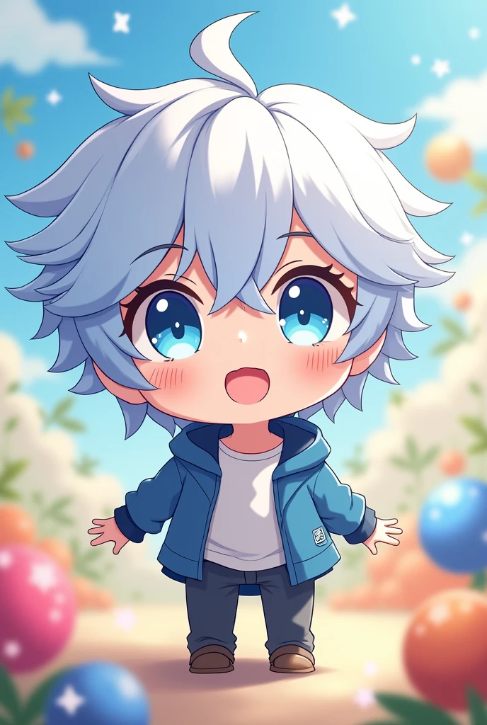 A male chibi character with blue eyes, with white and blue hair