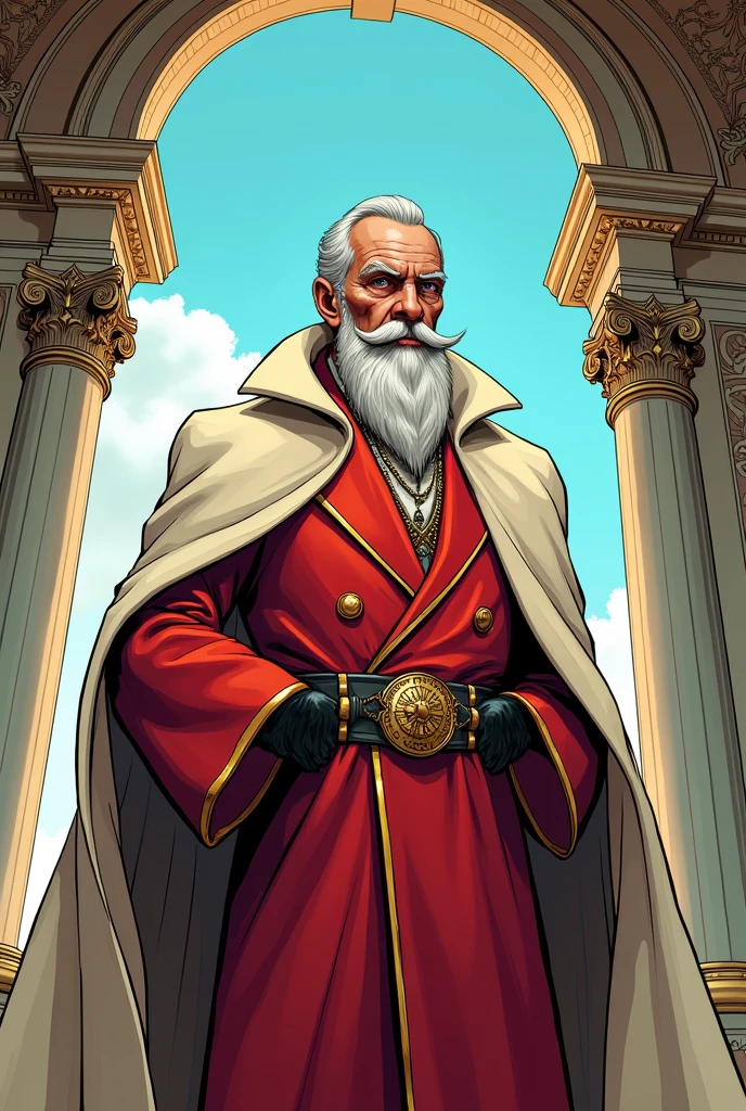 An older man in fancy pale red robes. He has an off-white cloak that drapes around his neck. He has bushy sideburns and wears a monocle. Make in the style of comicbook art. He stands in a grand palatial room, with an open window behind him. Through the window, you can see a bright blue sky.