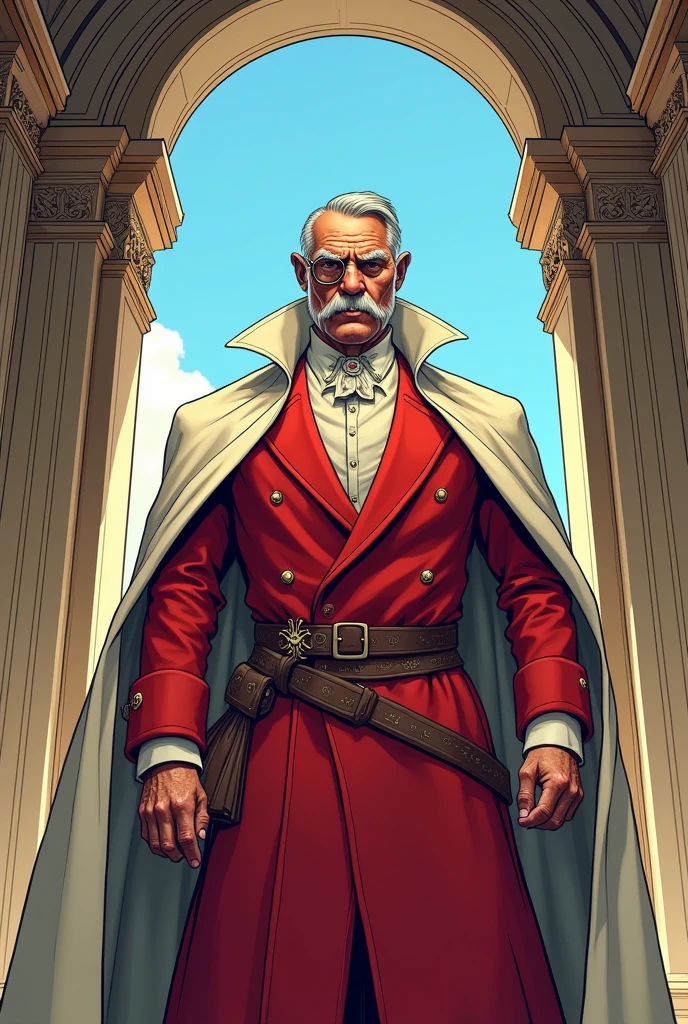 An older man in fancy pale red . He has an off-white cloak that drapes around his neck. He has bushy sideburns and wears a monocle. Make in the style of comicbook art. He stands in a grand palatial room, with an open window behind him. Through the window, you can see a bright blue sky.