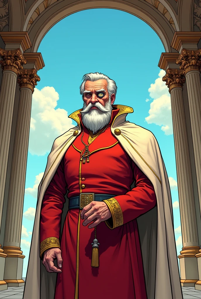 An older man in fancy pale red robes. He has an off-white cloak that drapes around his neck. He has bushy sideburns and wears a monocle. Make in the style of comicbook art. He stands in a grand palatial room, with an open window behind him. Through the window, you can see a bright blue sky.