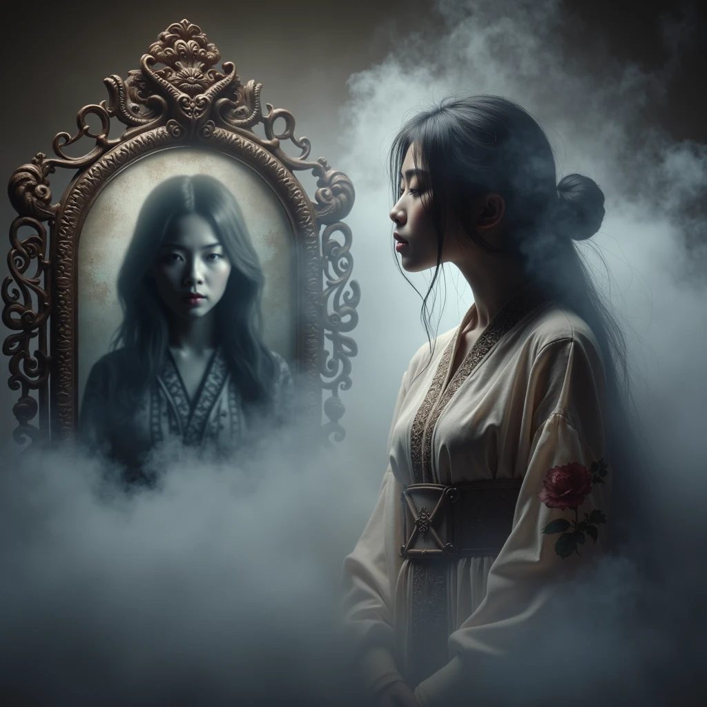 A mystical, inscrutable fog slowly engulfs a young Asian woman, her shadowy form cloaked in ambiguity. Foreground features an antiquated, elaborately decorated mirror that reflects an indistinct image, signifying the hidden truth of her identity. The entire scene is immersed in nuanced hues of riddle and secrecy, hinting at the enigma contained within the yet to be revealed narrative of a daughter unearthing her concealed history.