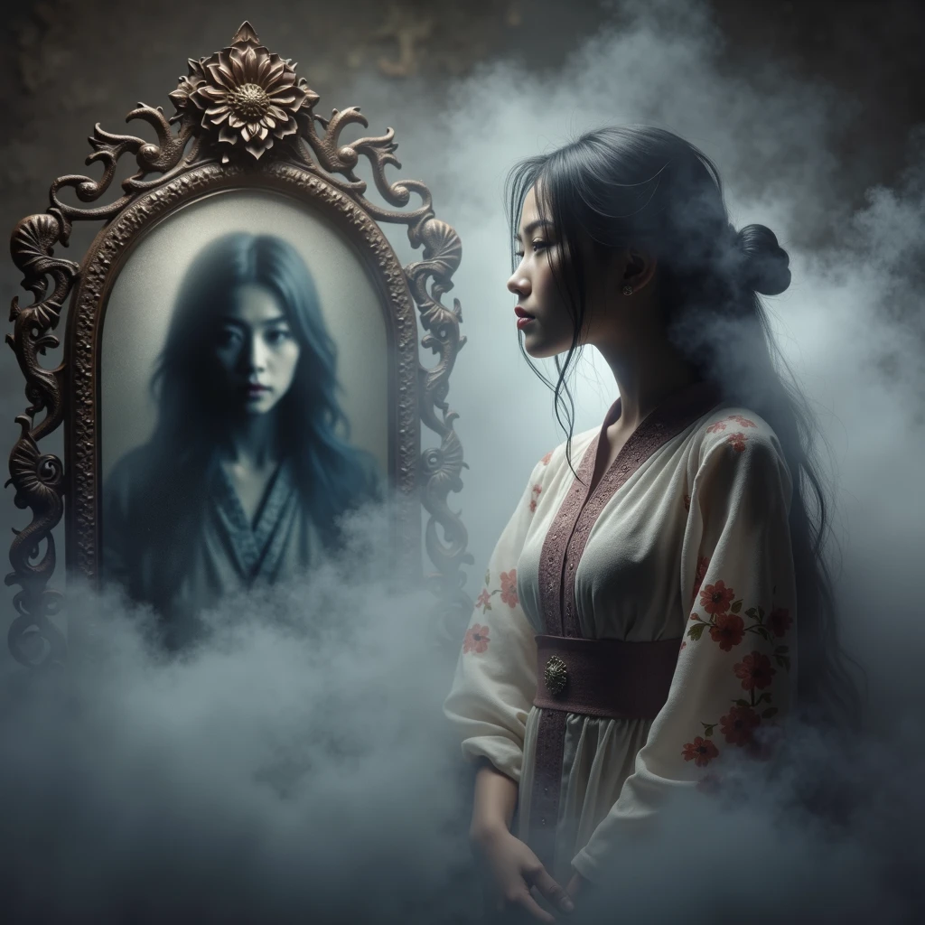 A mystical, inscrutable fog slowly engulfs a young Asian woman, her shadowy form cloaked in ambiguity. Foreground features an antiquated, elaborately decorated mirror that reflects an indistinct image, signifying the hidden truth of her identity. The entire scene is immersed in nuanced hues of riddle and secrecy, hinting at the enigma contained within the yet to be revealed narrative of a daughter unearthing her concealed history.