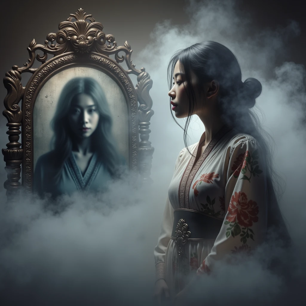 A mystical, inscrutable fog slowly engulfs a young Asian woman, her shadowy form cloaked in ambiguity. Foreground features an antiquated, elaborately decorated mirror that reflects an indistinct image, signifying the hidden truth of her identity. The entire scene is immersed in nuanced hues of riddle and secrecy, hinting at the enigma contained within the yet to be revealed narrative of a daughter unearthing her concealed history.